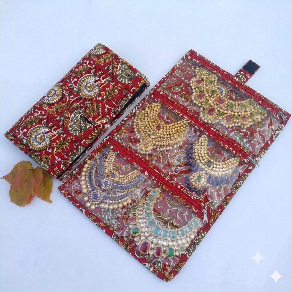 Jewel Pouch - (Necklace) red kalamkari printed