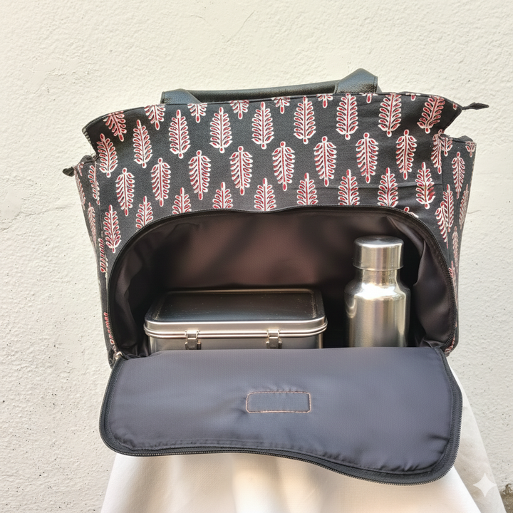 Versatile partition tote black with red leaf print