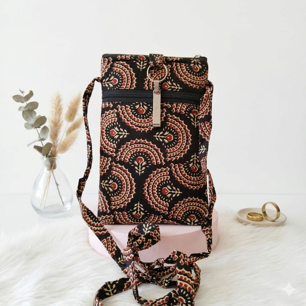 Mobile Sling - black with half circle  (With Saree Clip)