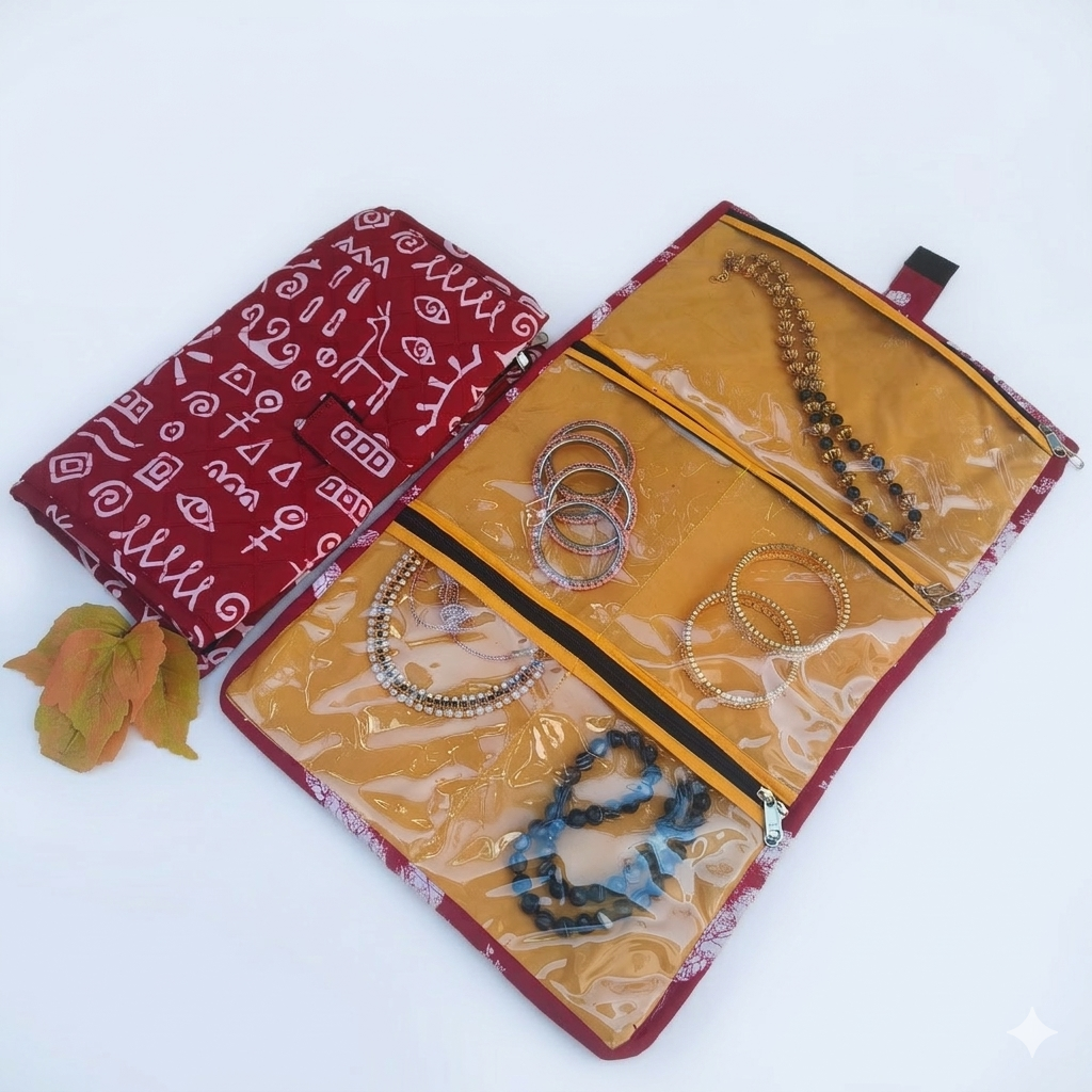 Jewel Pouch - (Necklace) Maroon With Art Prints