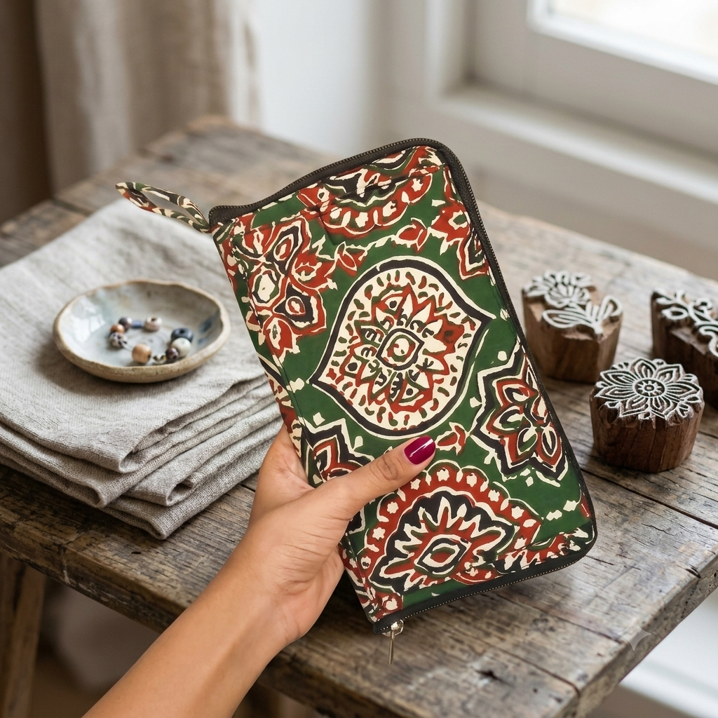 SMART WALLET BIG - Green Ajrakh Print