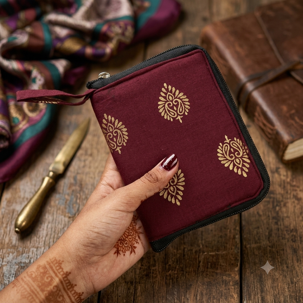 Smart Wallet Small Single Pc- Jaipur Maroon Metallic Leaf Print