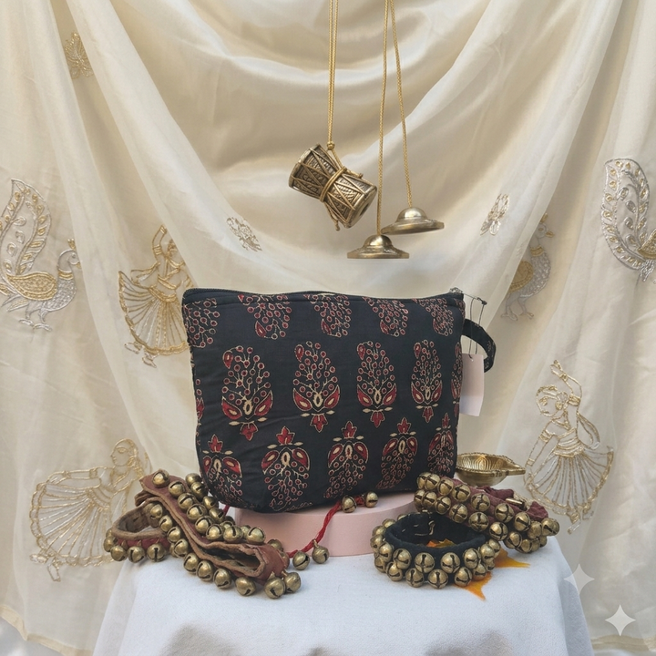 Ghunghroo pouch - Black with Ajarkh Print