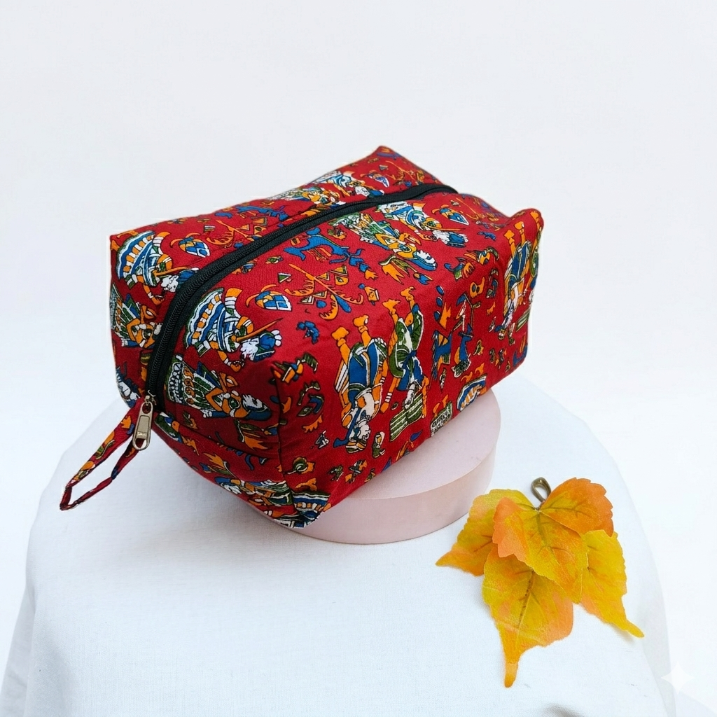 Vanity Pouch Red With Kalamkari Print