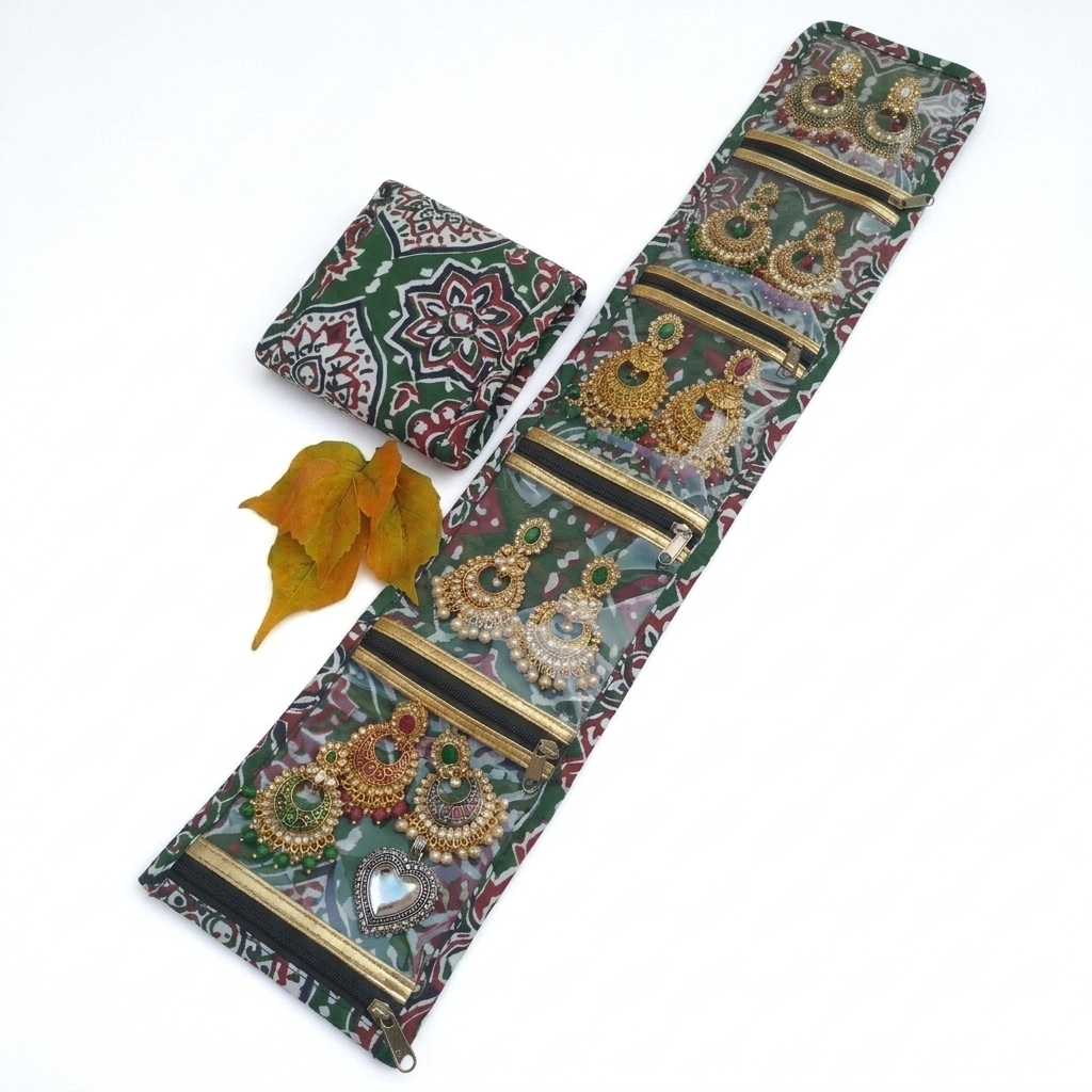 Jewel Pouch - (Earring) Green Kalamkari (Founder's Favourite)