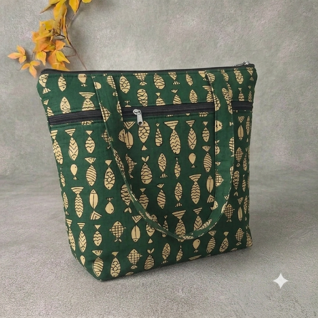 Medium Size Handbag green with fish design