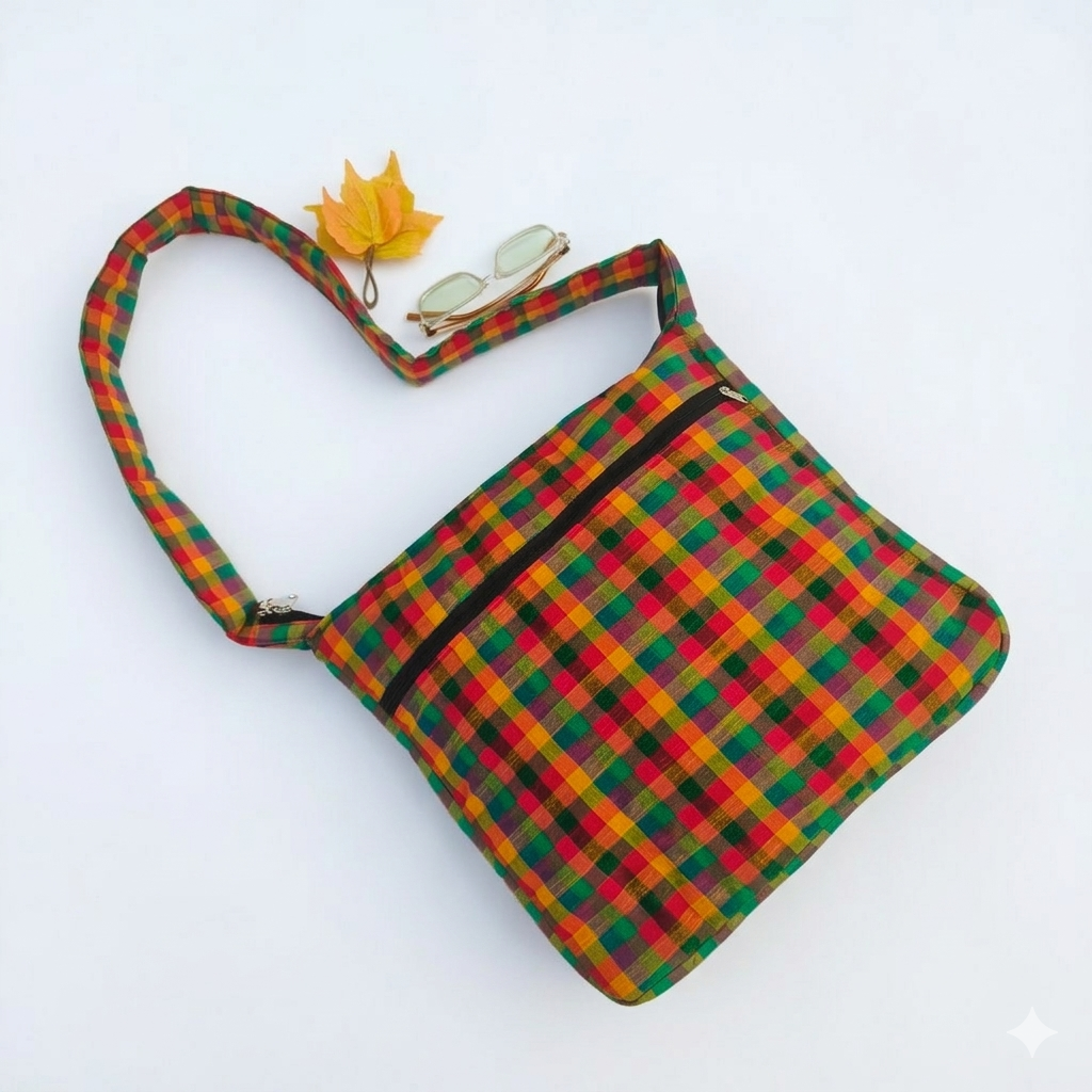 Jholna Sling With Key Holder Multi Colour With Small Checked Print