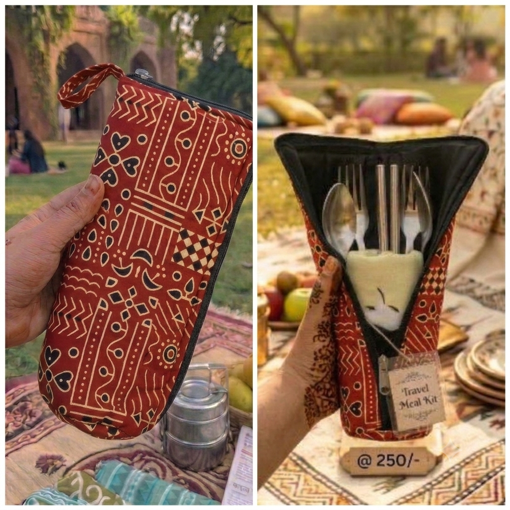 Travel Meal Kit - maroon ajrakh print