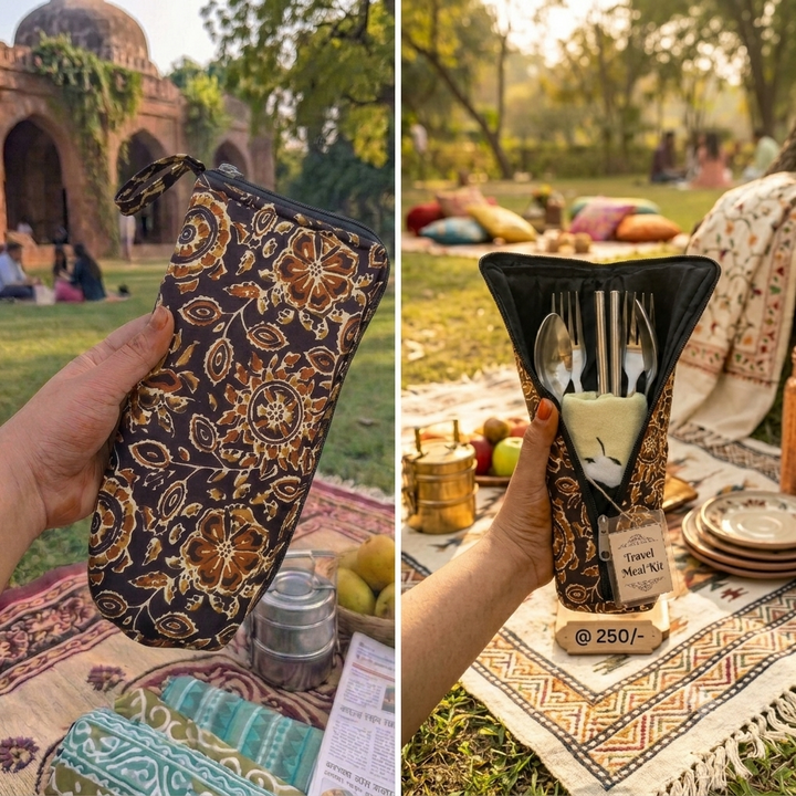 Travel Meal Kit - brown kalamkari