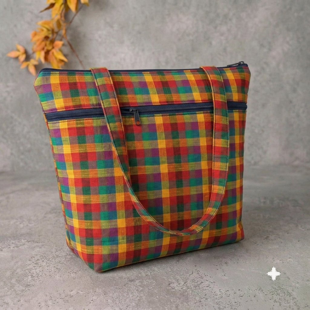 Medium Size Handbag multi colour with checked design