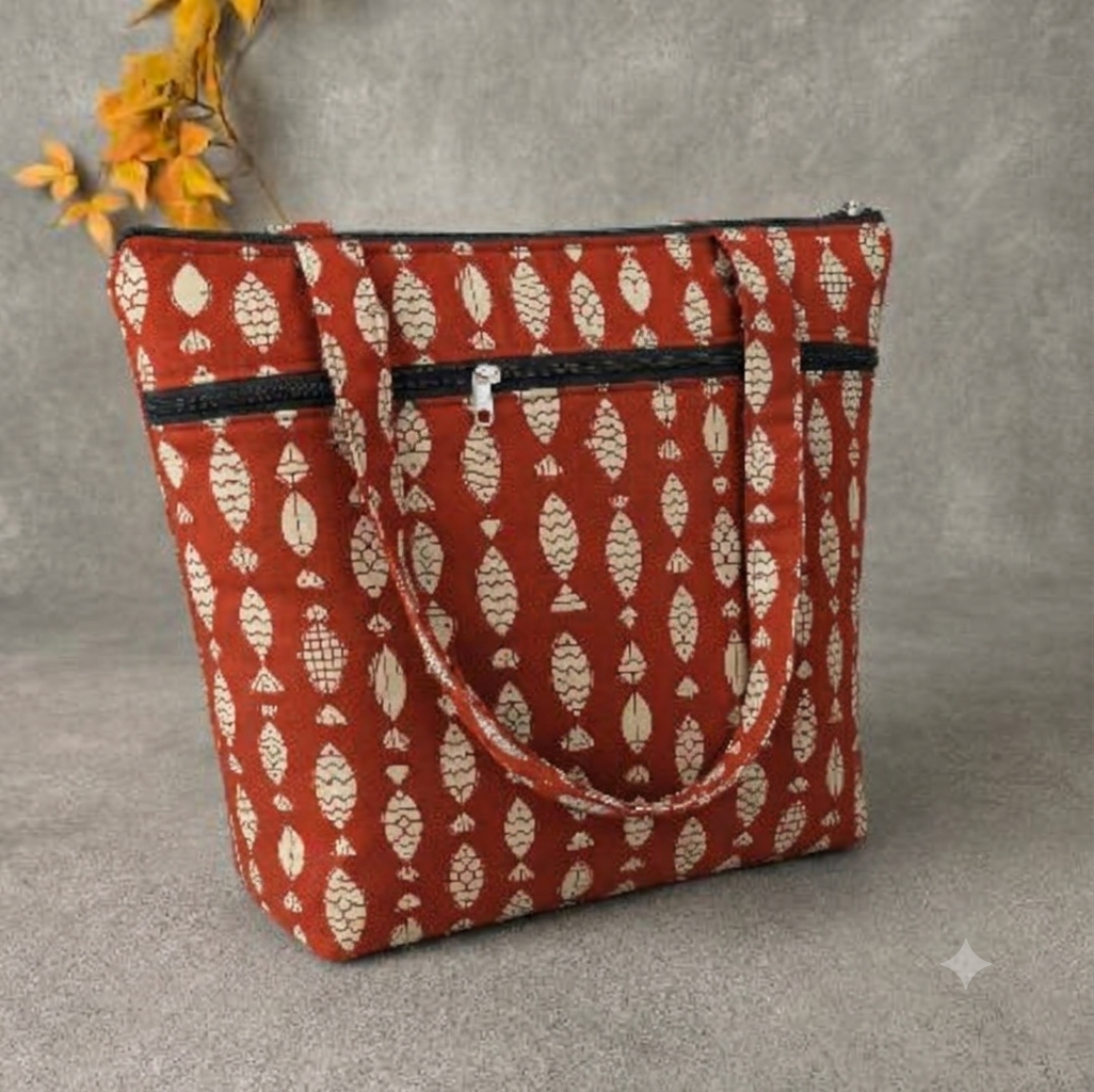 Medium Size Handbag - red with fish print