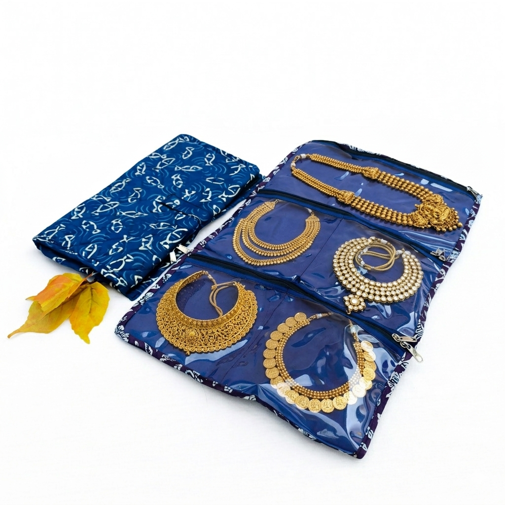 Jewel Pouch - (Necklace) Blue with Fish Print