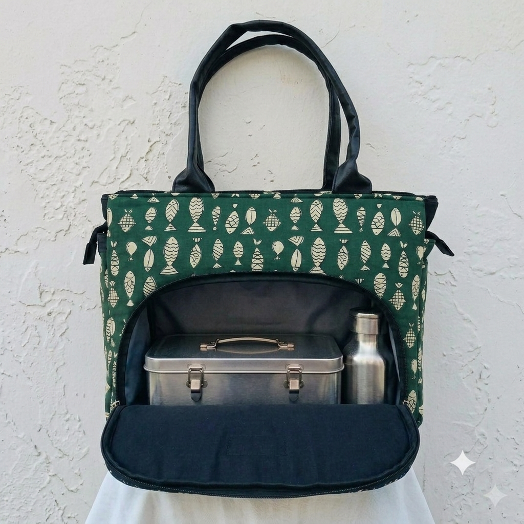 Versatile partition tote green with fish design