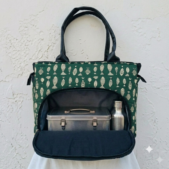 Versatile partition tote green with fish design