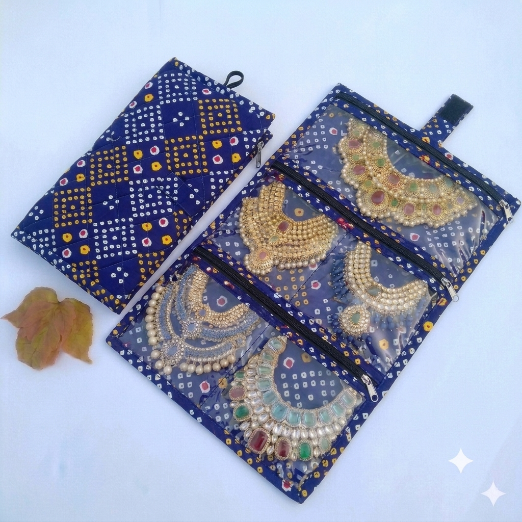 Jewel Pouch - (Necklace) blue bandhini print