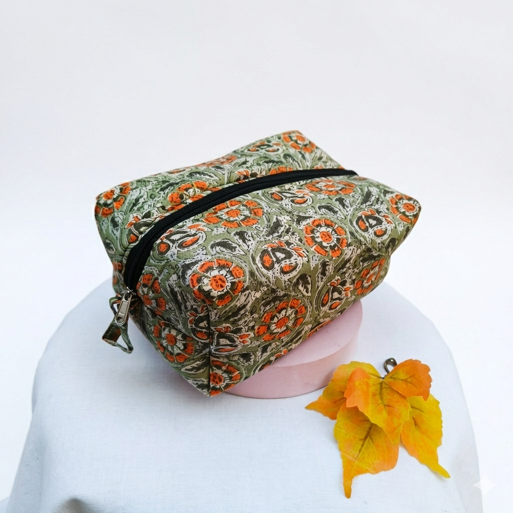 Vanity Pouch Forest Green With orange Flower Design