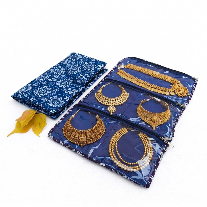 Jewel Pouch - (Necklace) Dark Blue with White Flower Print