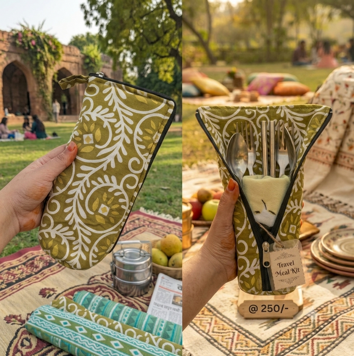 Travel Meal Kit - Olive Green Kalamkari