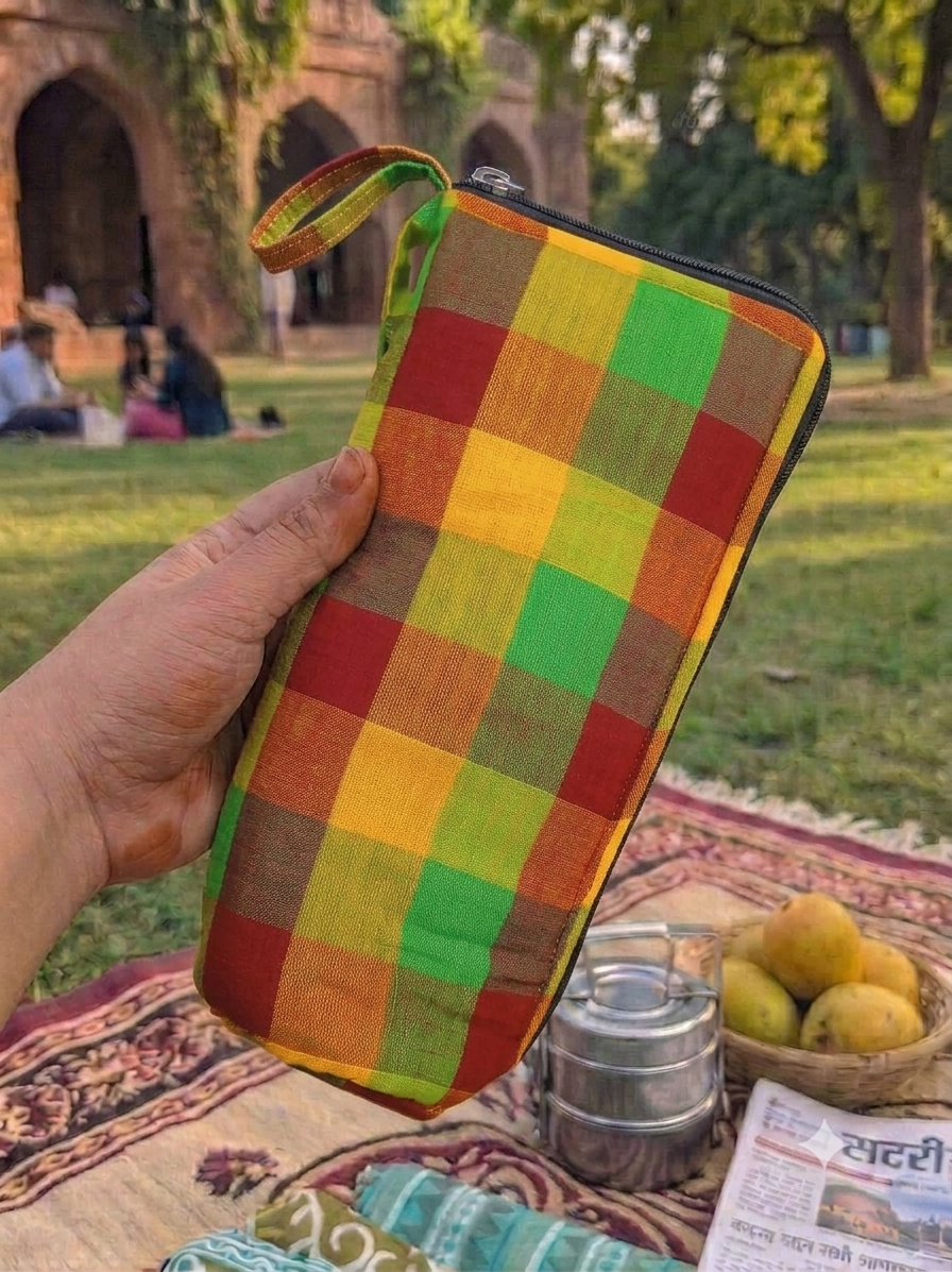 Travel Meal Kit - bright yellow, green, and red checkered block-print
