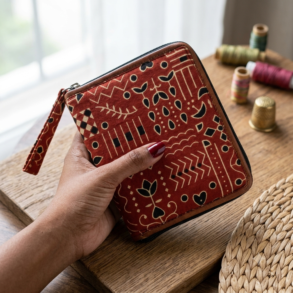Mini wallet  with card holder maroon with Traditional Printed
