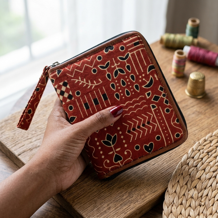 Mini wallet  with card holder maroon with Traditional Printed