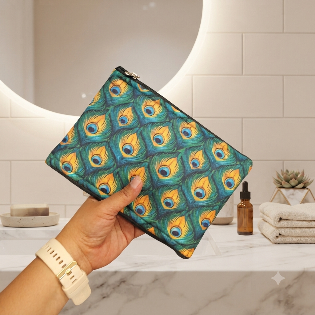 Wet and Dry Toiletry pouch -peacock feather print
