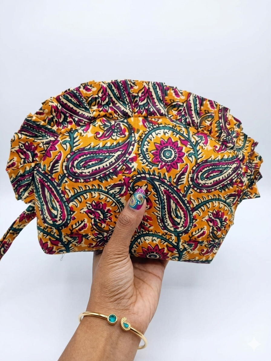 Frill Purse- yellow with kalamkari print