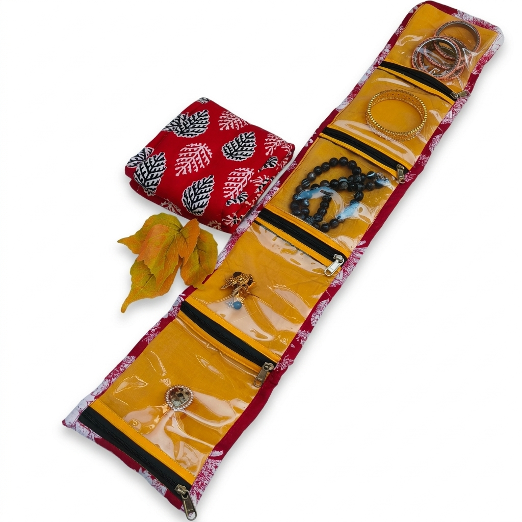 Jewel Pouch - (Earring) Red With Leaf Print