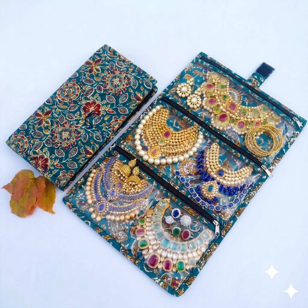 Jewel Pouch - (Necklace) Royal Teal Block-Print