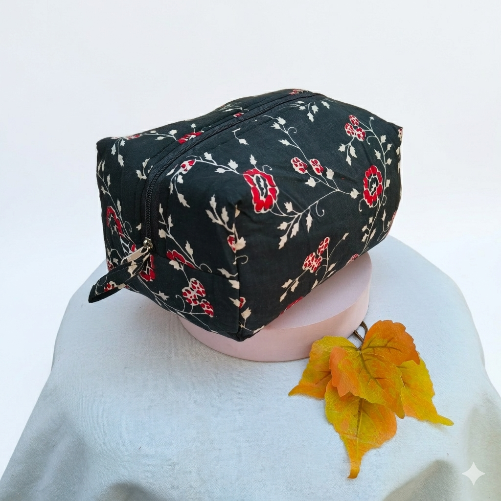 Vanity Pouch Black Color With Flower Design