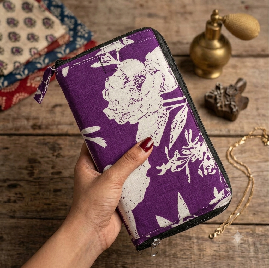 SMART WALLET BIG - purple with white floral printed