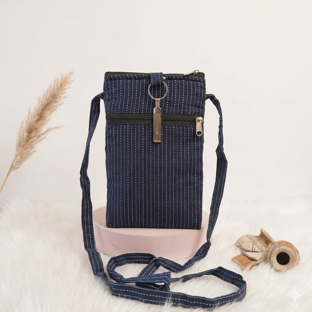 Mobile Sling navy blue with white dots (With Saree Clip)