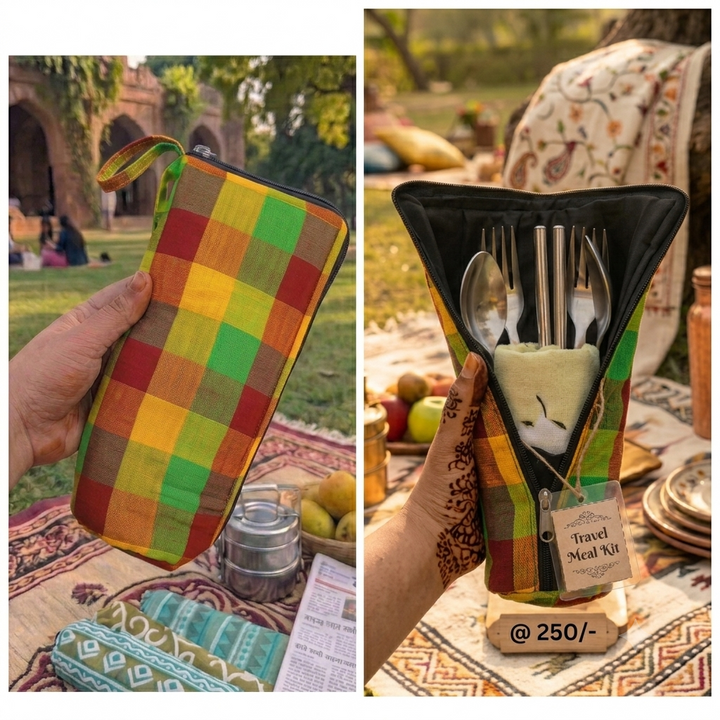 Travel Meal Kit - bright yellow, green, and red checkered block-print
