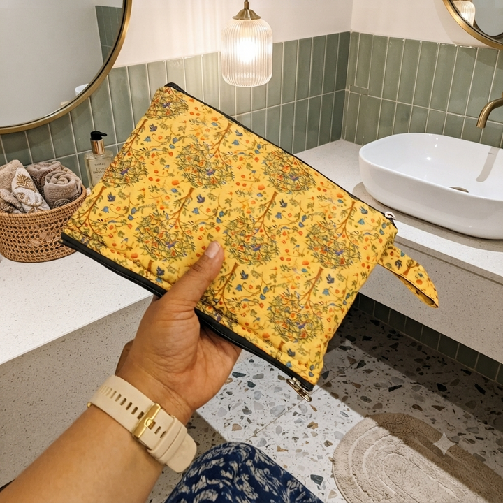 Wet and Dry Toiletry pouch -yellow color with blossom tree print