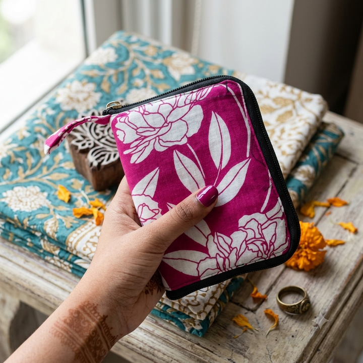 Smart Wallet Small Single Pc- Magenta Floral Block-Print