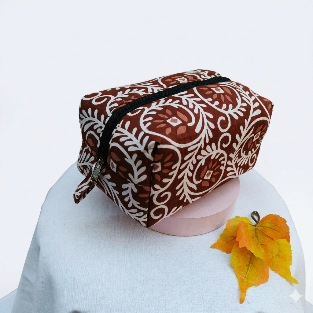 Vanity Pouch Brown with White Leaf Design