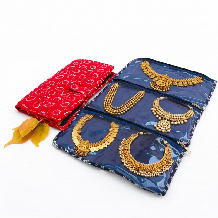 Jewel Pouch - (Necklace) Red with White Flower Leaf Print