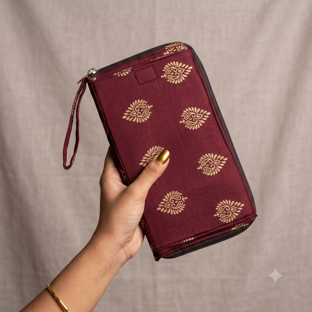 SMART WALLET BIG - Deep Wine Metallic Leaf print