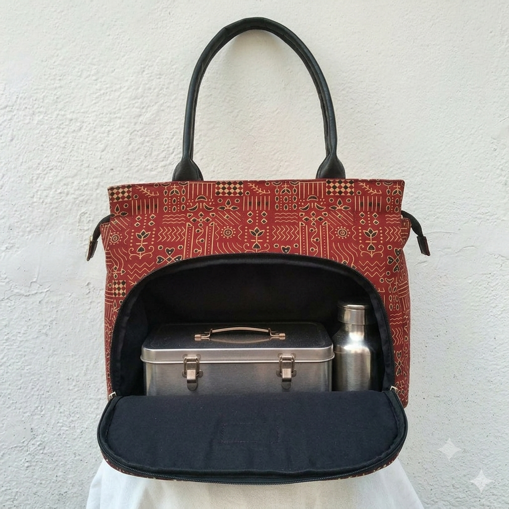 Versatile partition tote maroon with rangoli design