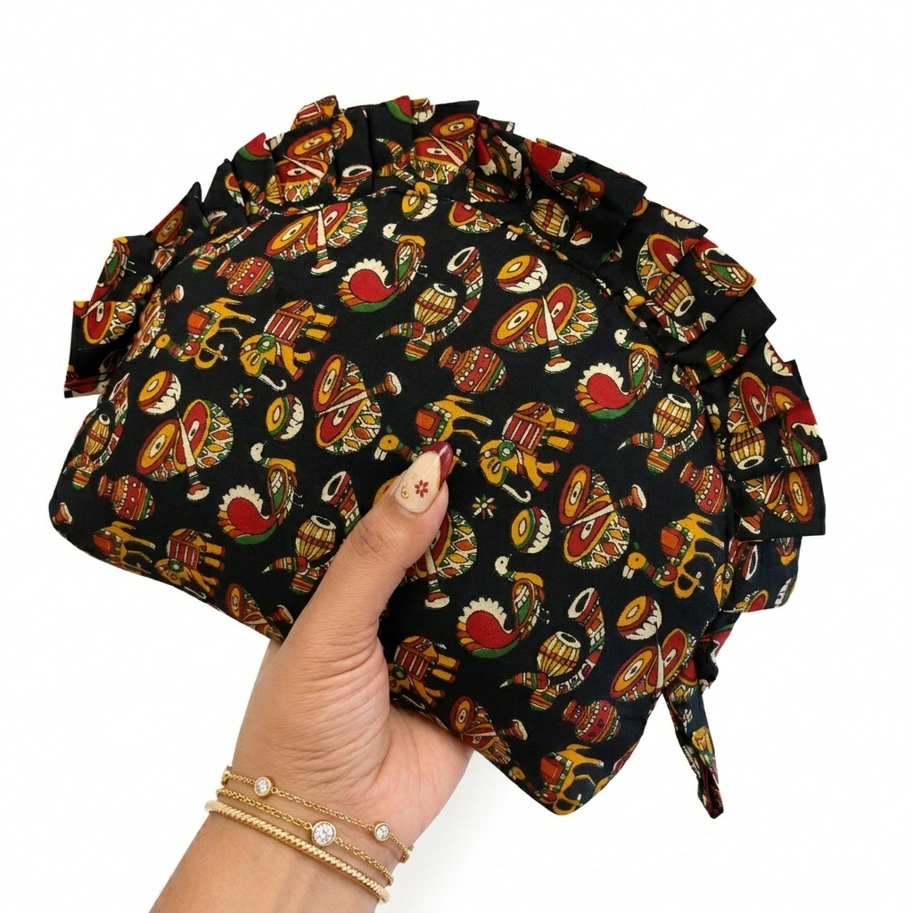 Frill Purse -maroon with green kalamkari