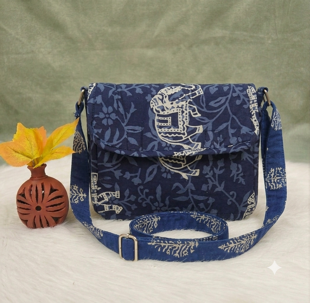 Multizipper Sling 4 Zips - indigo with elephant print