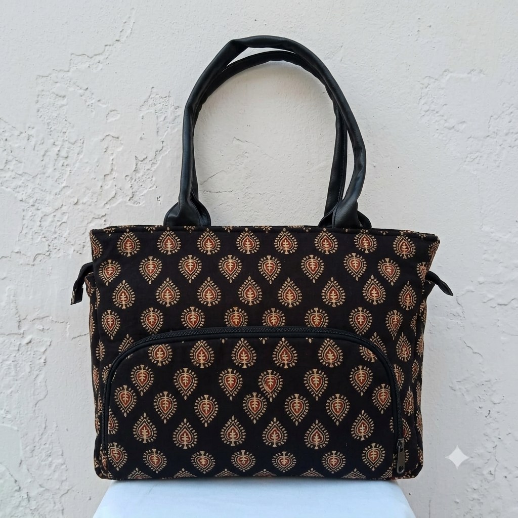 Versatile partition tote black with temple leaf