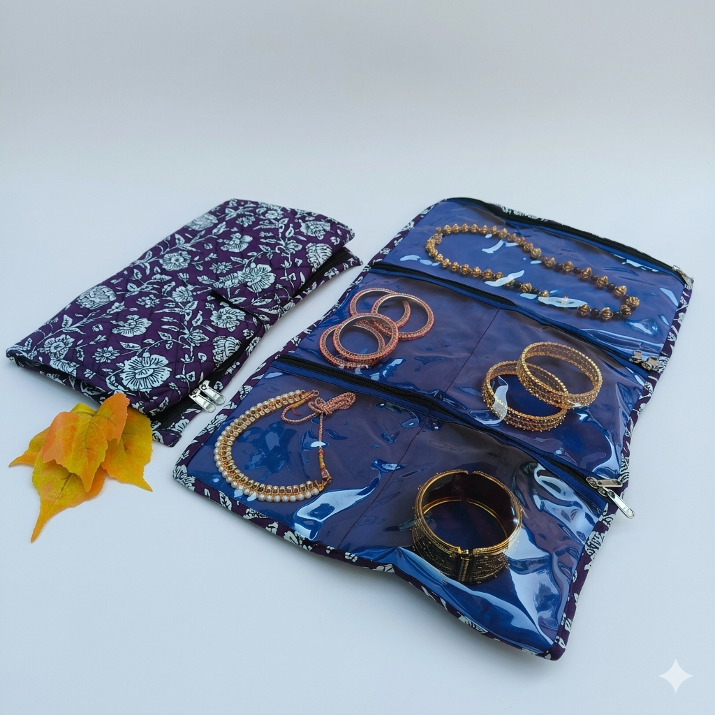 Jewel Pouch - (Necklace) Violet with White Rose Print