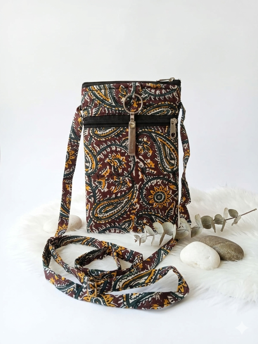 Mobile Sling - maroon with big mango print  (With Saree Clip)