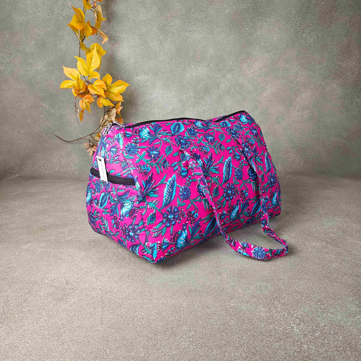 Weekender Travel Bag Pink Colour with Blue Flower Leaf Printed Design