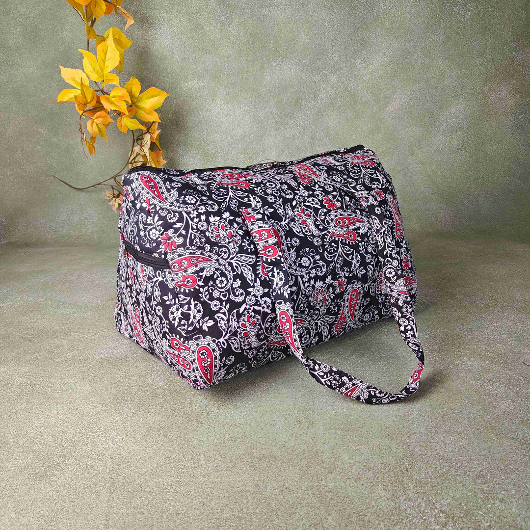 Weekender Travel Bag Black Colour with White and Red Big Flower Printed Design.