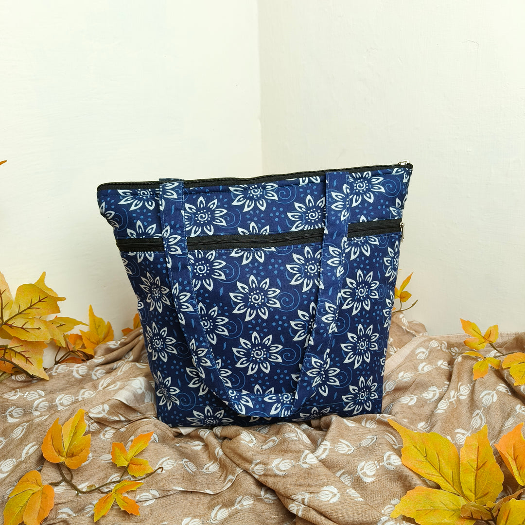 Medium Size Handbag Blue with White Big Flower Design.