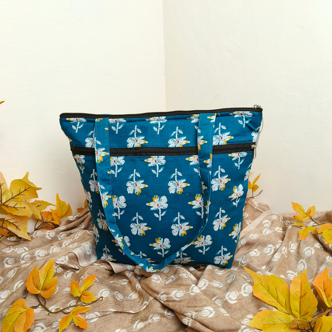 Medium Size Handbag Blue with Yellow flower Design.