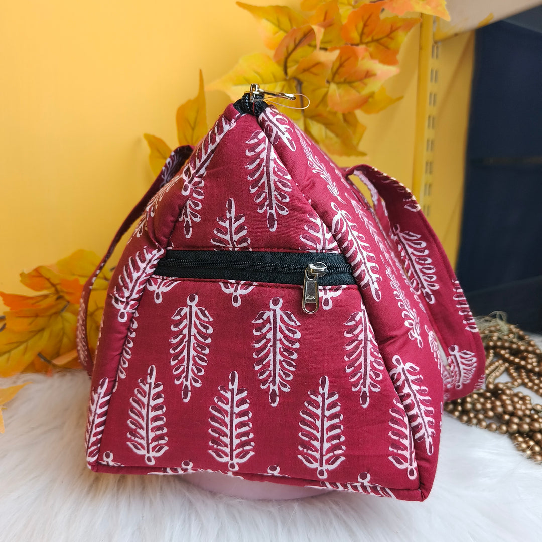 Barrel Handbags Red Color With White leaf Design