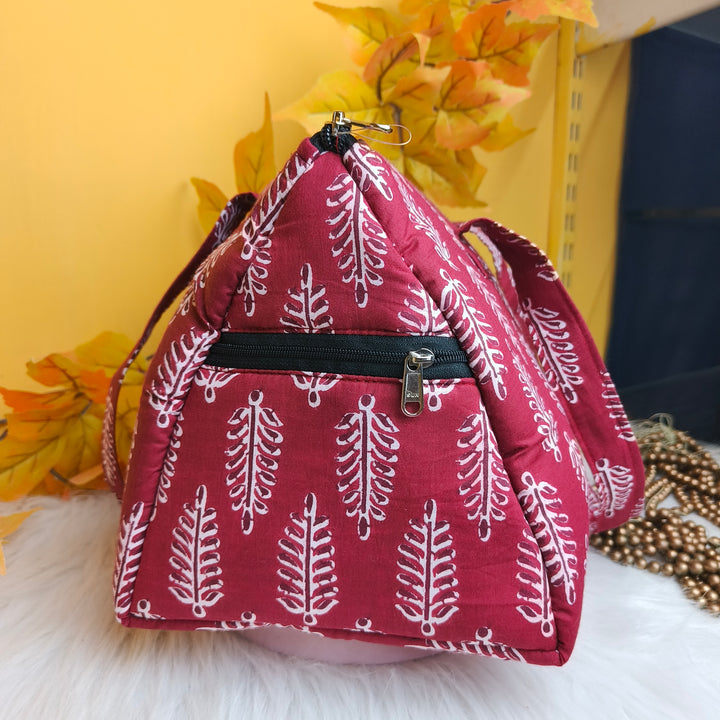 Barrel Handbags Red Color With White leaf Design